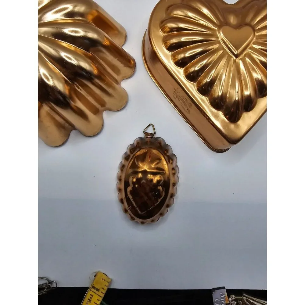 Vintage Copper Molds Set Of 3 With Floral Heart & Grape Designs For Kitchen Deco